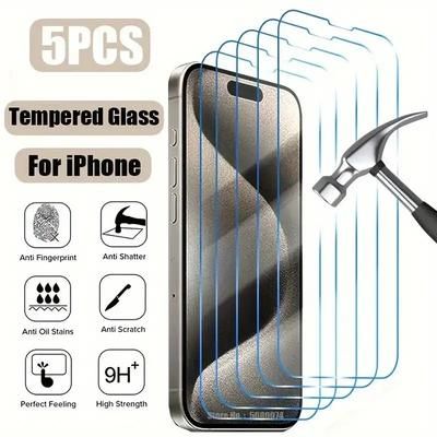 TEMU 5ps Tempered Glass Screen Protector For Iphone 16, 15, 14, 13, 12, 11 Pro Max, 7 & 8 Plus - No Bubbles, Long-lasting Drop Protection