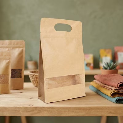 Kraft Box Bottom Zipper Handle Bags w/ Window 6 5/16" x 2 3/4" x 10 1/4" 50 Pack BBKW610