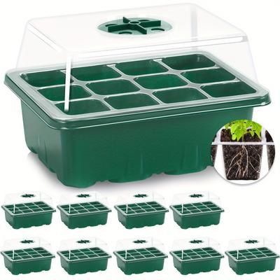 TEMU 10pcs Jorking Seed Starter Trays With Elevated Lids, 120-cell Thickened Green Plastic, Adjustable Humidity Vents, Clear Viewing Panels - Ideal For Greenhouses & Gardens, Seedling Starter Trays