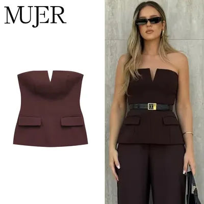 MUJER épaules dénudées bustier tubulaire femmes Sexy sans bretelles haut court femme mode dos nu hauts courts pour les femmes printemps Bustier gilet haut