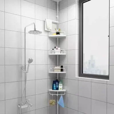 Thickened Bathroom Tray Stainless Steel Adjustable Shower Rod Sturdy Ceiling-to-FloorOrganizer Corner Shelf with DrainageHoles