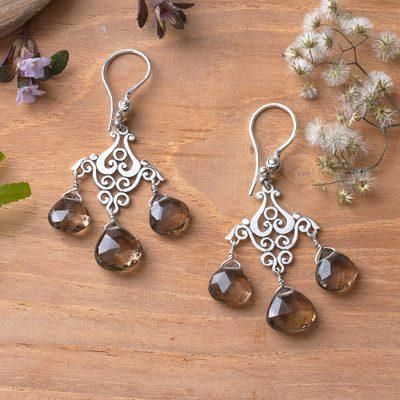 'Fan-Shaped Smoky Quartz Chandelier Earrings Crafted in Bali'