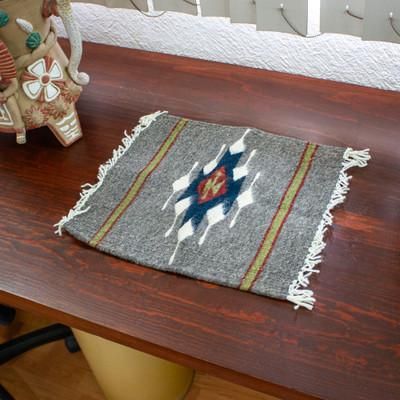 'Diamond-Patterned Dark Grey and Green 100% Wool Table Mat'