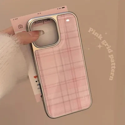Sweet Pink Grid Pattern Drop Glue Cover Case for iPhone 16 15 14 13 12 11 Pro Max Plus Shockproof
