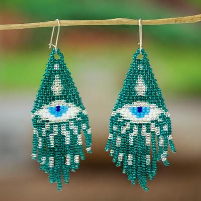 Teal Turkish Eye,'Protection Turkish Eye Teal Glass Beaded Waterfall Earrings'