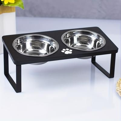 TEMU Elevated Cat Bowls With 15° Tilt - Stainless Steel Raised Feeder Stand For Cats And Small Dogs, Dual Bowls For Food And Water, Black Metal Bracket