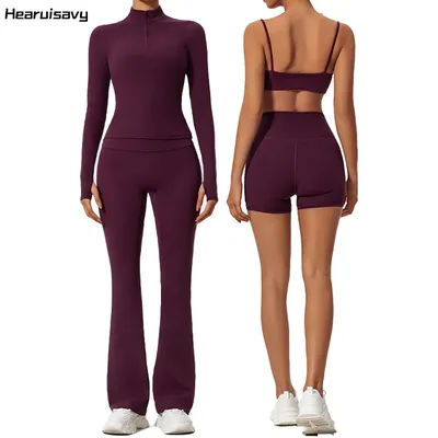 Hearuisavy Long Sleeve Workout Suit Sports Set Women Quick-Drying Gym Bra Set Women Short Tracksuit Running Workout Yoga Clothes
