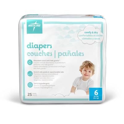 Medline Disposable Baby Diapers, Size 6, 35+ lb., 25/BG (MBD2006Z)