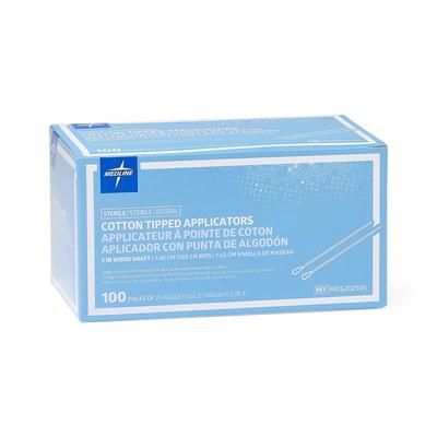 Medline Sterile Cotton-Tipped Wood Applicator, 3", 2/Inner Pack (100 Packs/Box), 200/BX (MDS202105Z)