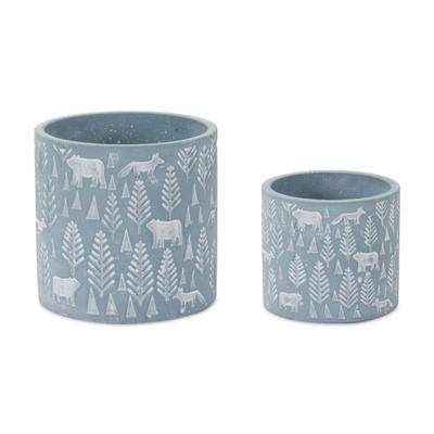 Container (Set of 2) 4"D x 3.5"H, 5.25"D x 5"H Cement by Melrose in Blue/white