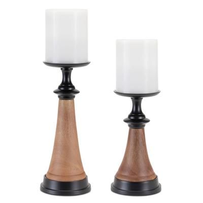 Tapered Wood and Metal Candle Holder (Set of 2) by Melrose in Brown Black