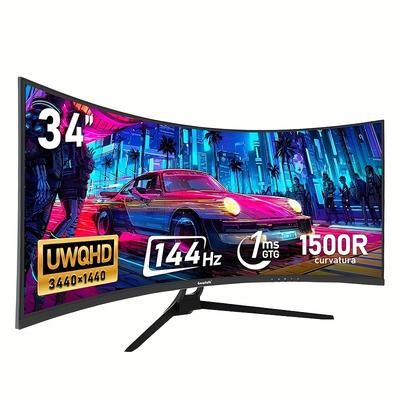 "TEMU Gawfolk 34" Monitor, 144hz Uwqhd (3440x1440), Adaptive Sync, 178° Viewing Angle, Display Port, Hdtv, Wall Mount Compatible - Black, Multimedia Display | Modern Aesthetic |"