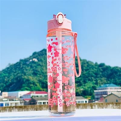 TEMU 800ml Trendy Printed With A Portable Strap, Pop-up Lid, Stylish Straw Water Bottle, And Convenient Cup.