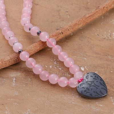 Heart of Harmony,'Natural Rose Quartz and Hematite Heart Pendant Necklace'