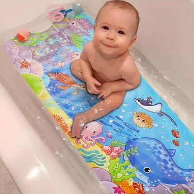 TEMU Bathtub Mat Non Slip Cartoon Bath Mat With Suction Cup And Drain Hole, Extra-long 40 X 16 Inch Bath Tub And Shower Mat, Machine Washable, Blue