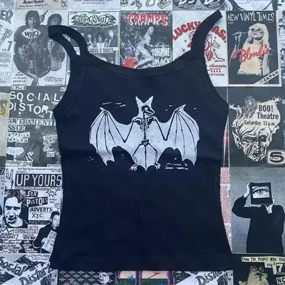 Punk Aesthetic Summer Tank Top Gothic Bat Graphic Emo Girl Streetwear Vintage Crop Top Women Backless Camisole Y2k Style Clothes