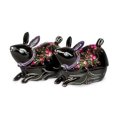 Lacquered wood boxes, 'Carnation Bunnies' (pair)