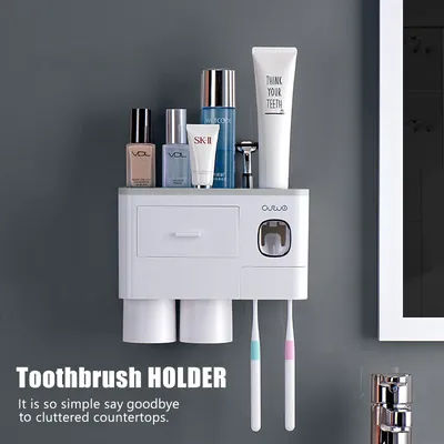 Bathroom Toothbrush Holder Wall Mounted Bathroom Storage Rack Double Automatic Toothpaste Dispenser with Magnetic Cups