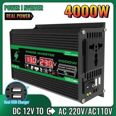 300W/4000W Portable Car Inverter DC 12V to AC 110V/220V Dual USB/AC Ports for Outdoor Camping & Appliances No battery included