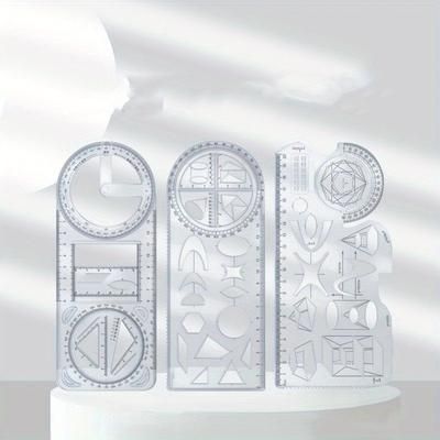 TEMU Set Of Multifunctional Geometry Tools Including A Rotatable Ruler, Triangle Ruler, And Drawing Stencils - Made From Pp Material Suitable For Students And Artists.