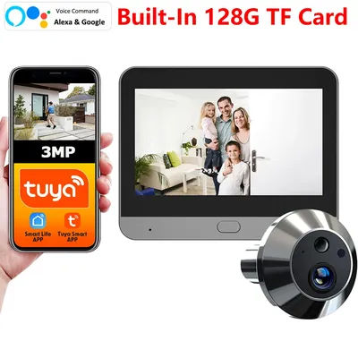 Alexa Google Tuya Smart Life APP 3MP Wide View Mini Digital Peephole Magic Eye Apartment Door Viewer WiFi PIR Detection Camera