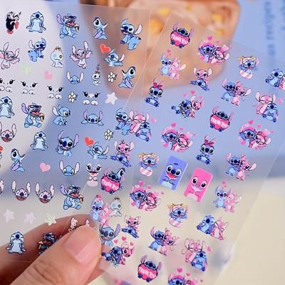 TEMU 2pcs Stitch Cartoon Nail Art Stickers - Self-adhesive, Finish, Reusable, Glittery Details, Unisex Design For & Decorations, Nail Art Supplies | Design | Selfadhesive Stickers, Nail Decorations