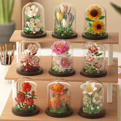 DIY MOC Flower Arrangement Dust Cover Tulip Rose Sunflower Plants Succulents Gardens Building Blocks Model Kids Sets Kits Toys