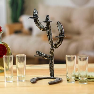 'Cactus-Themed Recycled Iron Tequila Glass Stand 4-Piece Set'