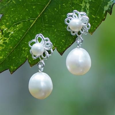Lotus Glam,'Lotus Flower-Themed Cultured Pearl Silver Dangle Earrings'