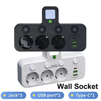 Power Strip with 3/4 AC Outlets +2 USB Ports+ 1 Type C Plug Wall Socket Adapter 6 in 1 Wall Charger With EU Plug for Home Office