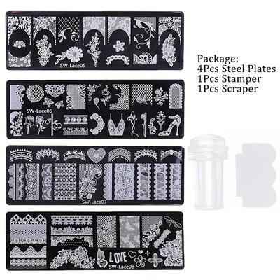 TEMU 4pcs Lace Flower Nail Plates Set 3d Heart Bow Rose Polish Printing Template High Heels Nail Art Stencils Manicure Tools