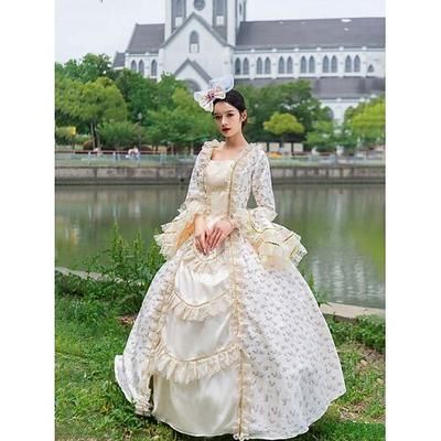 Vintage Rococò Rinascimento Maxi Vestito Normale A sbuffo Principessa Sposa Pieghettato Con Volant Principessa Girocollo Costume Per donna Halloween Carnevale Mascherata Feste Halloween Performance