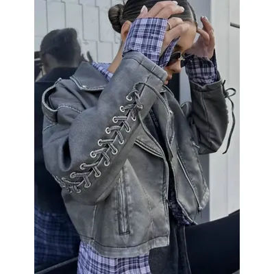 2025 New Fashion Women's Moto Biker Washed Gray Faux Leather Jackets Female Autumn Winter Retro Loose PU Zipper Streetwear Coat