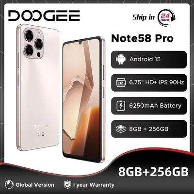 Global Version DOOGEE Note58 Pro Smartphone 32GB(8+24) 256GB 6.75" HD+ 90Hz 6250mAh Battery 16MP Camera Fingerprin Android15 NFC