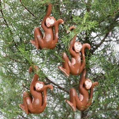 'Set of 4 Hand-Carved Albesia Wood Monkey Ornaments from Bali'