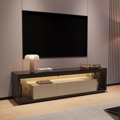 71" Modern Low Profile TV Stand with Glass Tabletop, Luxury TV Stand with LED Lights & Storage, Perfect for 65 Inch TVs, Fully Assembled