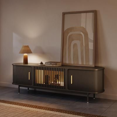 70.87"Mid-Century Modern Tambour Door TV Stand with LED Lights, LED TV Stand,Black TV Console, Rolling Door Wood Media Console with legs