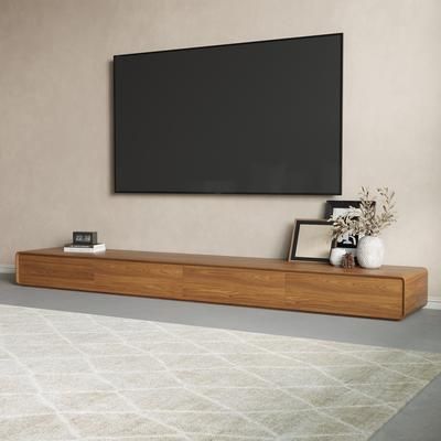 95" Modern Wood TV Stand, Walnut Veneer TV Console, Rectangular Media Console with Storage, on the Ground TV Console, Fully-Assembled, Perfect for 85-inch TVs