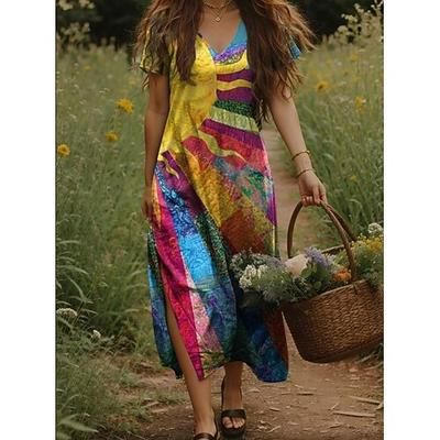 Per donna Abito maxi Vestito Casual Abito a trapezio Bohemien Vacanza Vintage Quotidiano Vacanza Vestibilità regolare Floreale Manica Corta Scollo a V Giallo Verde chiaro Arancione Verde Estate