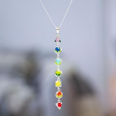 'Resin-Coated Natural Flower Silver Chakra Pendant Necklace'