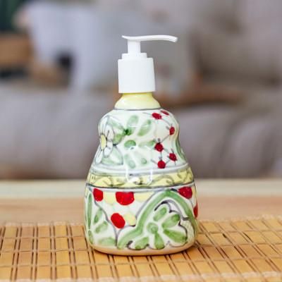 'Talavera-Style Floral and Leaf Ceramic Liquid Soap Dispenser'