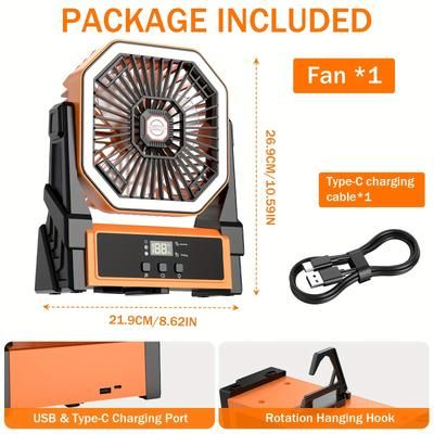 TEMU Portable Fan That Runs On Batteries, Suitable For Outdoor Use, Oscillates, And Used At Home, Job Sites, Or Garages. It Includes A Remote Control And Hook, Making It Ideal For Camping Trips.