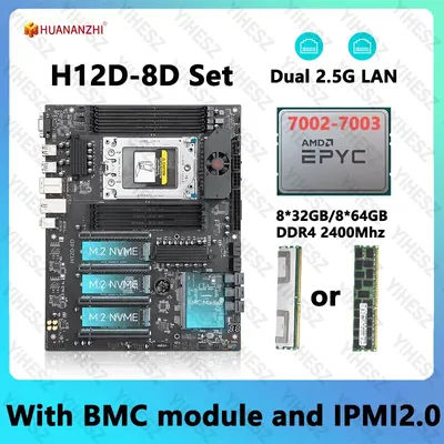 HUANANZHI H12D 8D Motherboard Set With AMD EPYC 7002 7003 series CPU 8*32GB/64GB DDR4 RAM Support Dual 2.5G Lan IPMI With BMC