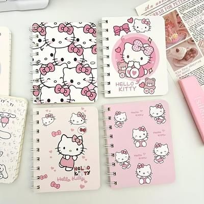 TEMU 4pcs Hello Kitty Spiral Notebooks - Cute Cartoon-themed Journals With Pink Covers, Designs, And Lined Pages For School Or Office, Cute Notebook