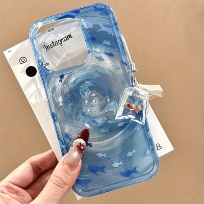 TEMU Transparent Blue Case With A Koi Pendant, Suitable For Iphone Models 11, 12, 13, 14, 15, And 16 Pro Max.