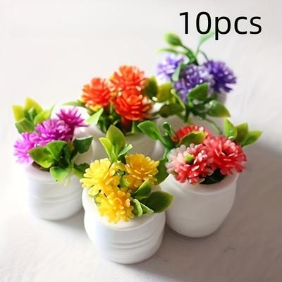 TEMU 10pcs Miniature Colorful Floral Potted Plants For Dollhouses, Vibrant Plastic Artificial Flowers In White Pots, Mini Landscape Decor And Creative Play, Dollhouse Miniatures