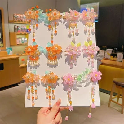 Girls' Chinese Style Su Hair Accessories Children's Hanfu Flower Pendant Headwear Girls' Hair Clips Holiday Accessories