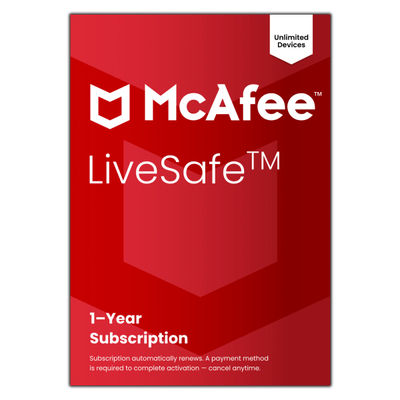 Mcafee Livesafe Antivirus & Internet Security Software, Unlimited Devices, 1-Year Subscription, Auto-Renewal, Product Key, Mls41Eoduraam