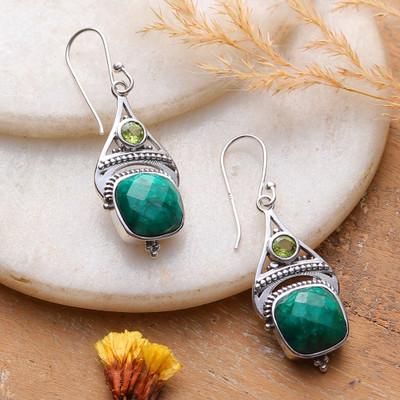 '13-Carat Agate and Peridot Dangle Earrings in Green Hues'