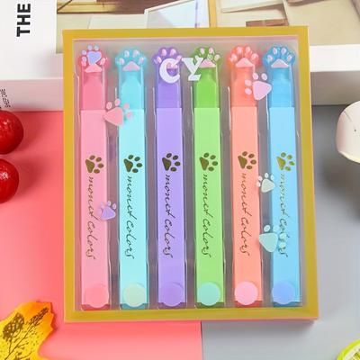 TEMU 6pcs Cute Cat Paw Highlighter Pens - Pastel Colors, Slanted Tip For Eye Protection, Smooth Writing, Students & Note-taking, Cat Pens